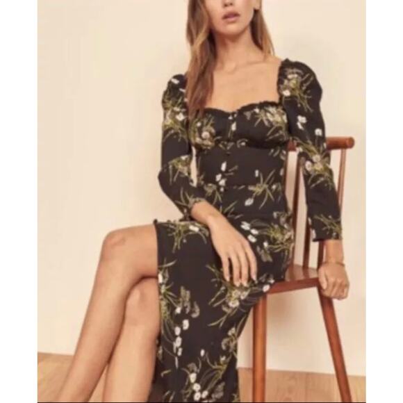 Reformation Fairway Floral Print Crepe Midi Dress Black Floral Flowers Sz 4 NWOT - Picture 1 of 8